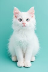 A charming white cat with striking blue eyes sitting gracefully against a vibrant turquoise background, exuding a sense of elegance and playfulness.
