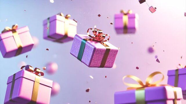 Gift boxes, confetti. 3d realistic animation. Gift give away, Mobile Marketing, earning prizes, bonus or rewards from store. online present or gift. Christmas, Valentine's Day holiday, birthday