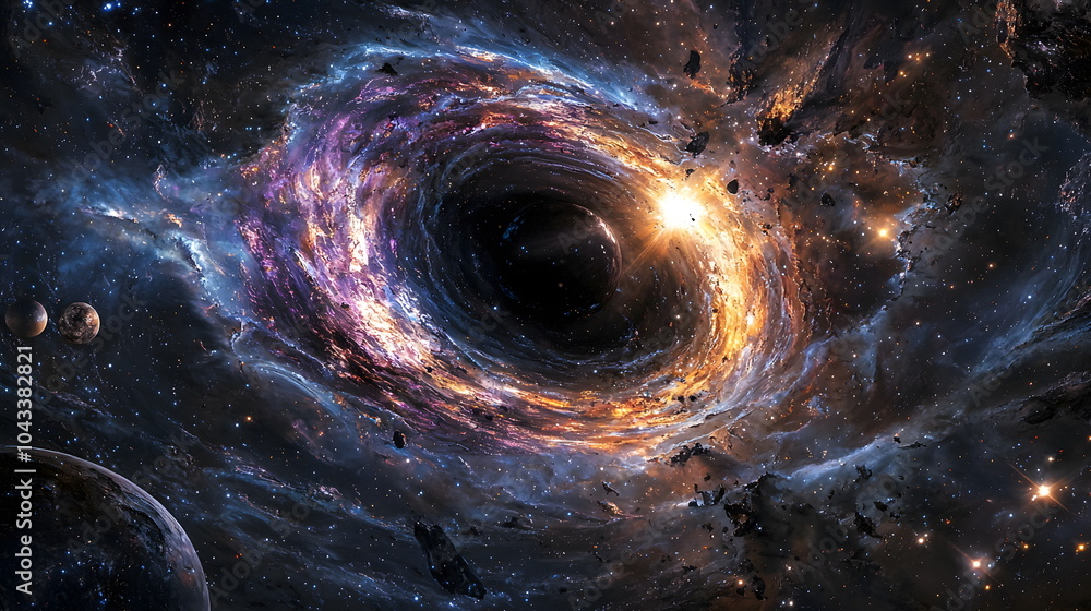 Poster Exploring the mysteries of a cosmic black hole a vibrant journey through space and time with stars and colorful galaxies