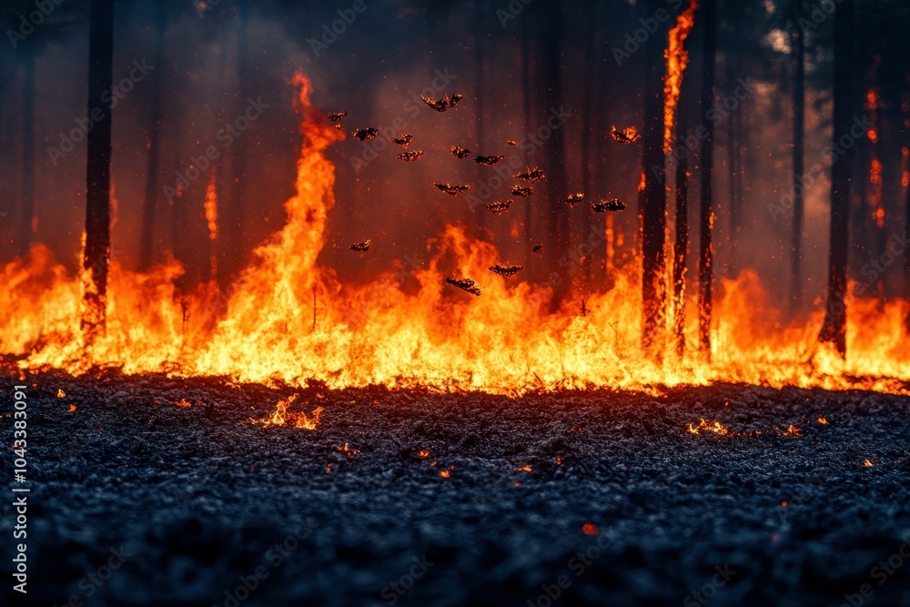Poster a close-up of a forest reduced to ashes after a wildfire symbolizing the increasing frequency of for