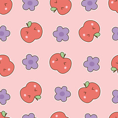 Cute Seamless Pattern with Smiling Apples and Purple Flowers on Pink Background