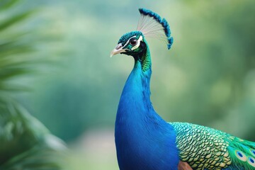 Obraz premium A vibrant peacock showcasing its stunning feathers in a lush green environment, symbolizing beauty and grace in nature.