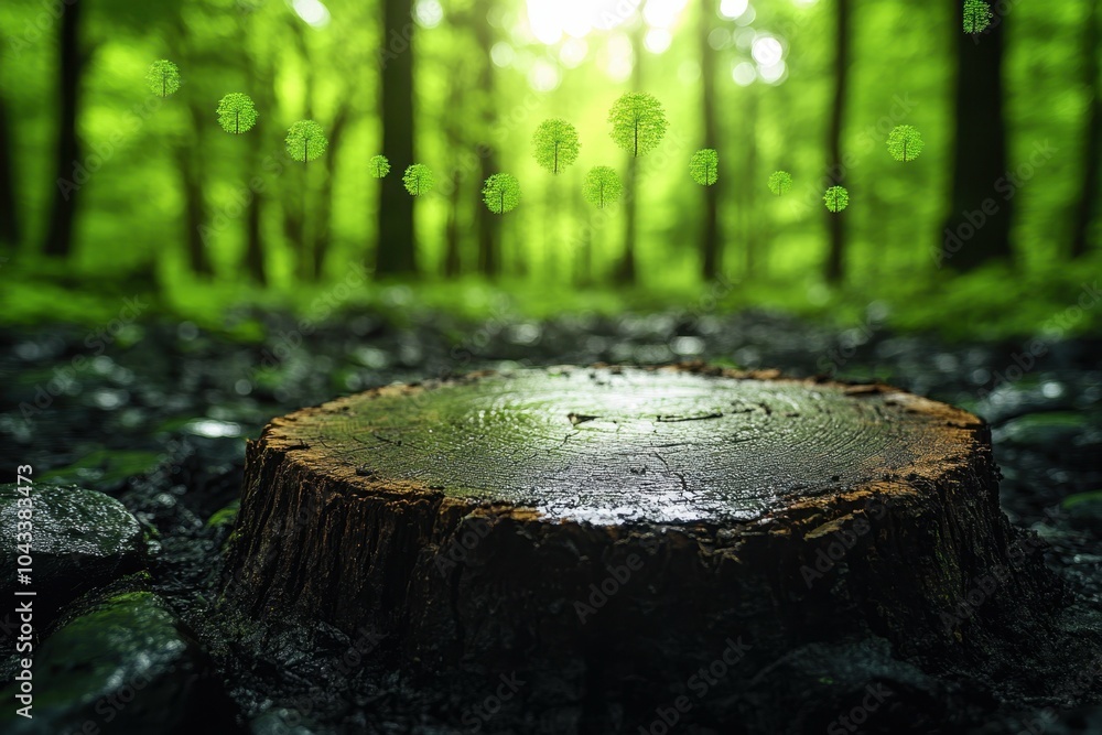 Aufkleber a close-up of a tree stump in a forest symbolizing deforestation and its impact on the environment