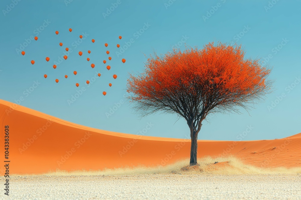 Poster a close-up of a withered tree standing alone in a desert representing desertification