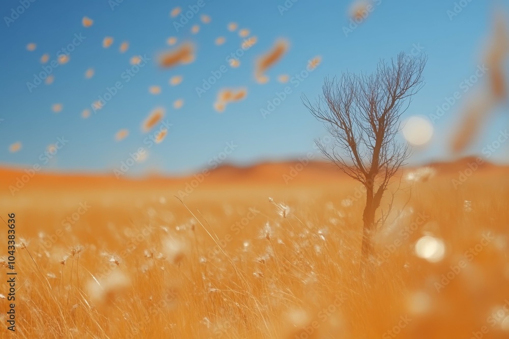 Poster a close-up of a withered tree standing alone in a desert representing desertification