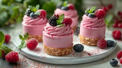 Raspberry mousse cups topped with fresh berries and mint leaves, served on a pristine white platter with a soft, blurred garden background 