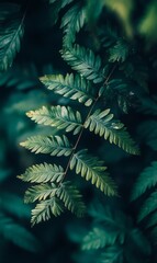 Dark, moody close-up of green ferns with intricate textures, minimal light, shadows playing across the leaves
