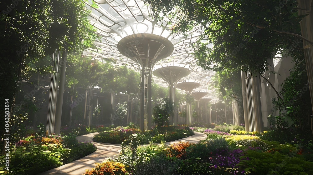 Poster a harmonious blend of nature and technology exploring a city park where flora thrives under innovati