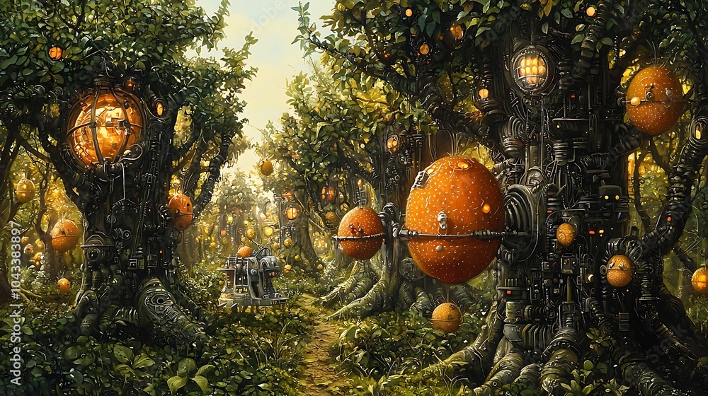 Poster exploring a dystopian forest where mechanical trees bear futuristic fruit in an enchanted landscape 