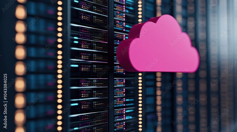 Poster colorful cloud icon against a background of digital data servers, symbolizing cloud computing and da