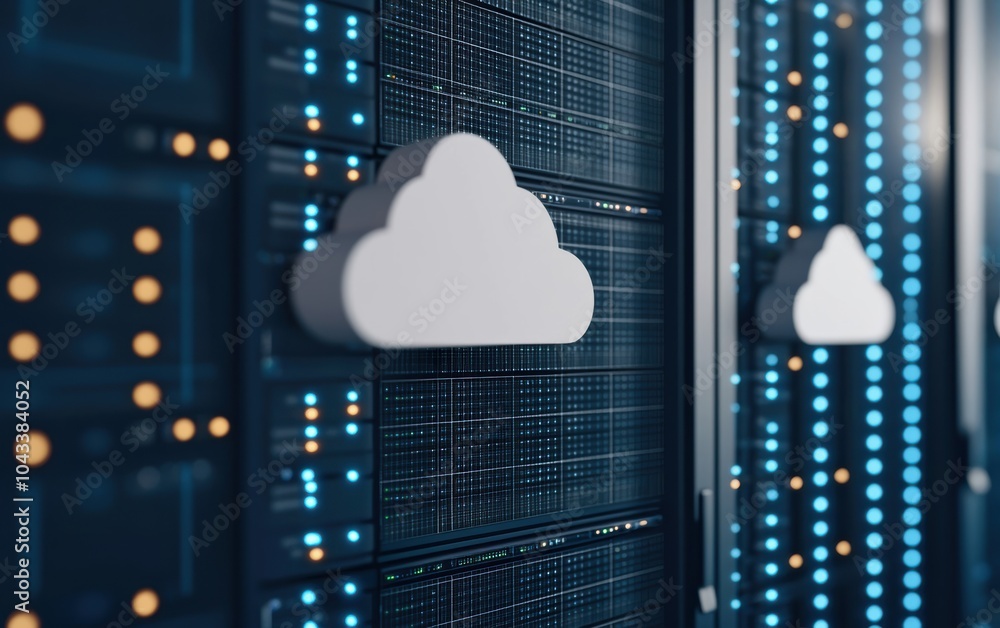 Poster a close-up view of a cloud symbol on a data center panel, representing cloud computing technology an