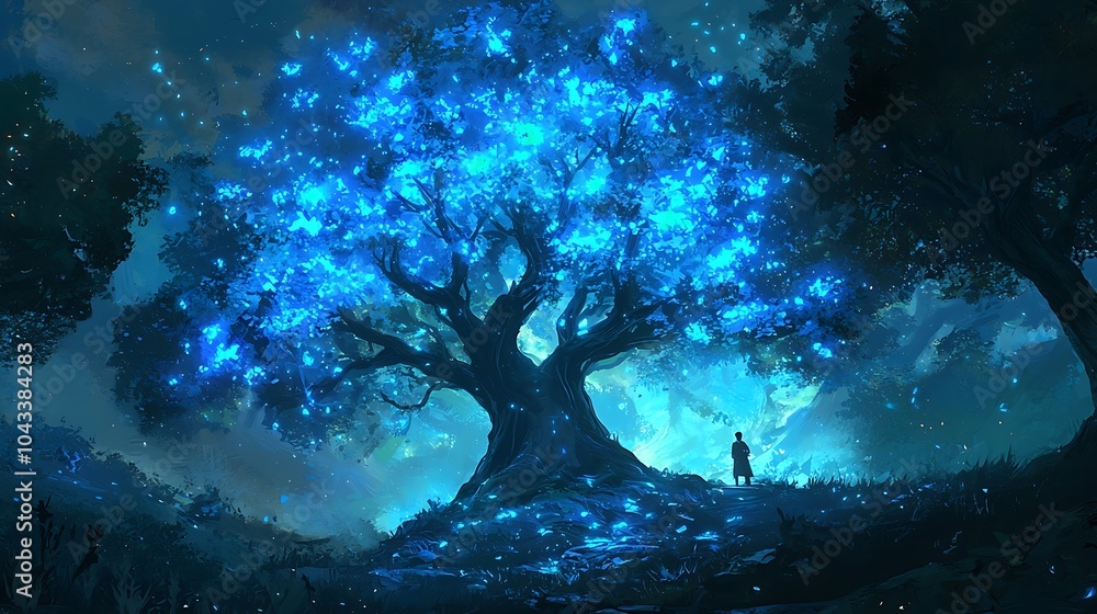 Poster explore the enchanted realm of a mystical forest where ancient trees radiate a captivating bright bl