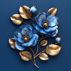 3D Vector gold on blue roses line art, elegant style flowers background.