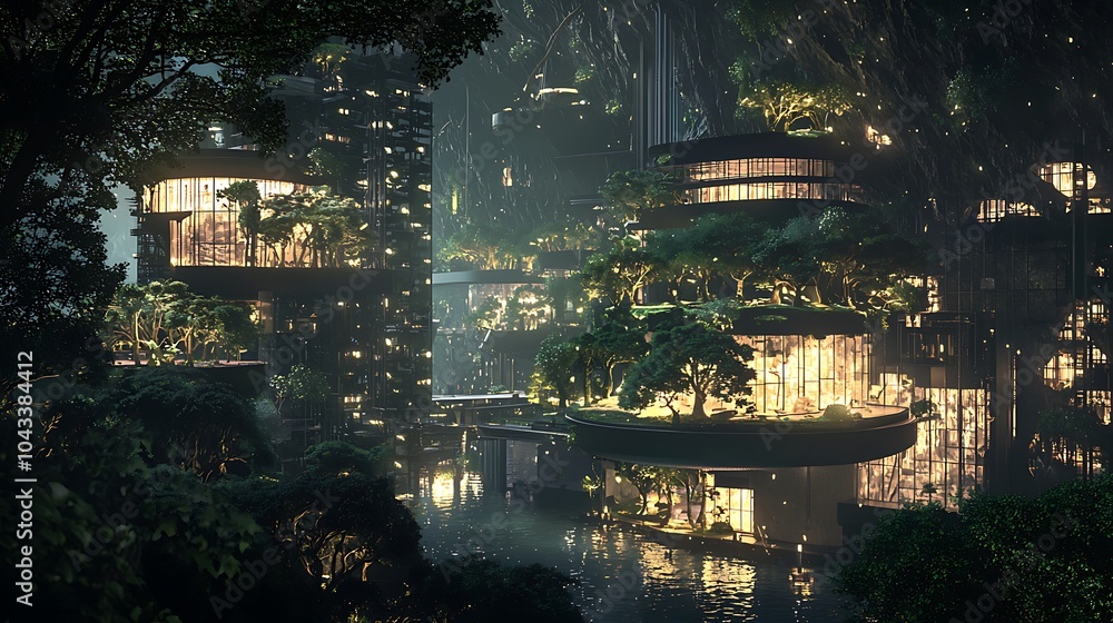 Poster exploring a majestic subterranean city illuminated by glowing trees and surrounded by serene waters