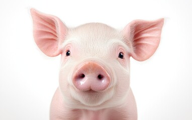 A close-up portrait of an adorable piglet with big eyes and soft skin, radiating charm and innocence against a white background.
