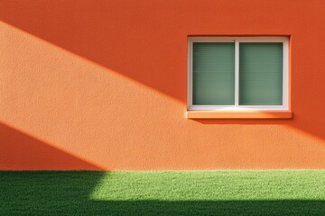 A vibrant orange wall with a textured surface, featuring a white window and green grass below, creating a modern and colorful architectural scene.