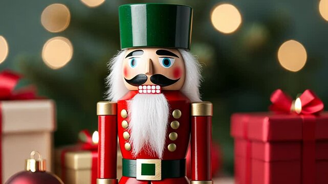 Festive nutcracker figurine surrounded by wrapped gifts, symbolizing Christmas and holiday traditions