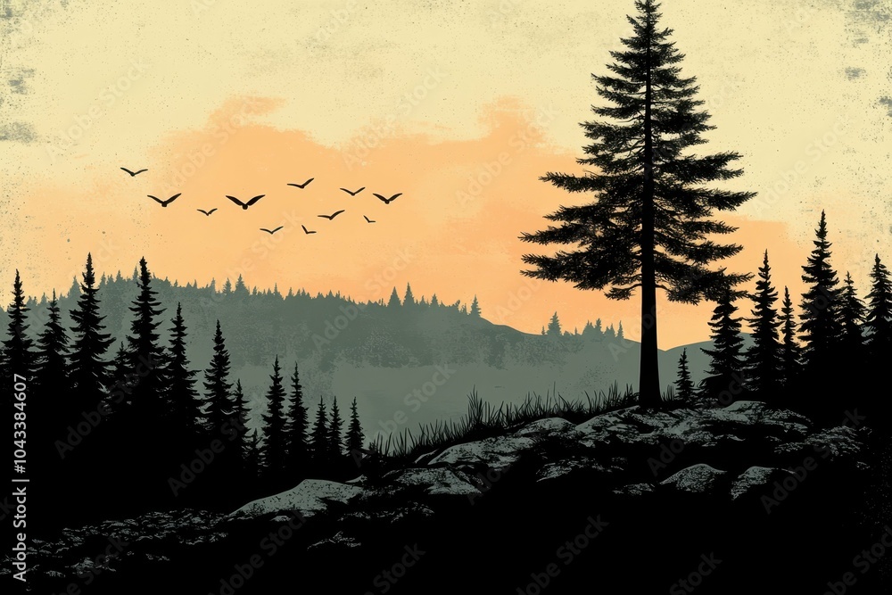 Poster a minimalistic depiction of a forest with a single tree standing symbolizing deforestation and habit
