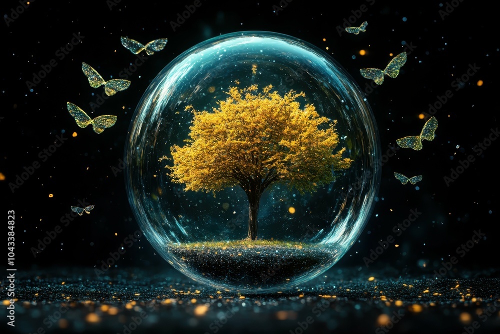 Poster a solitary tree encased in a transparent bubble floating in space representing the fragility of natu