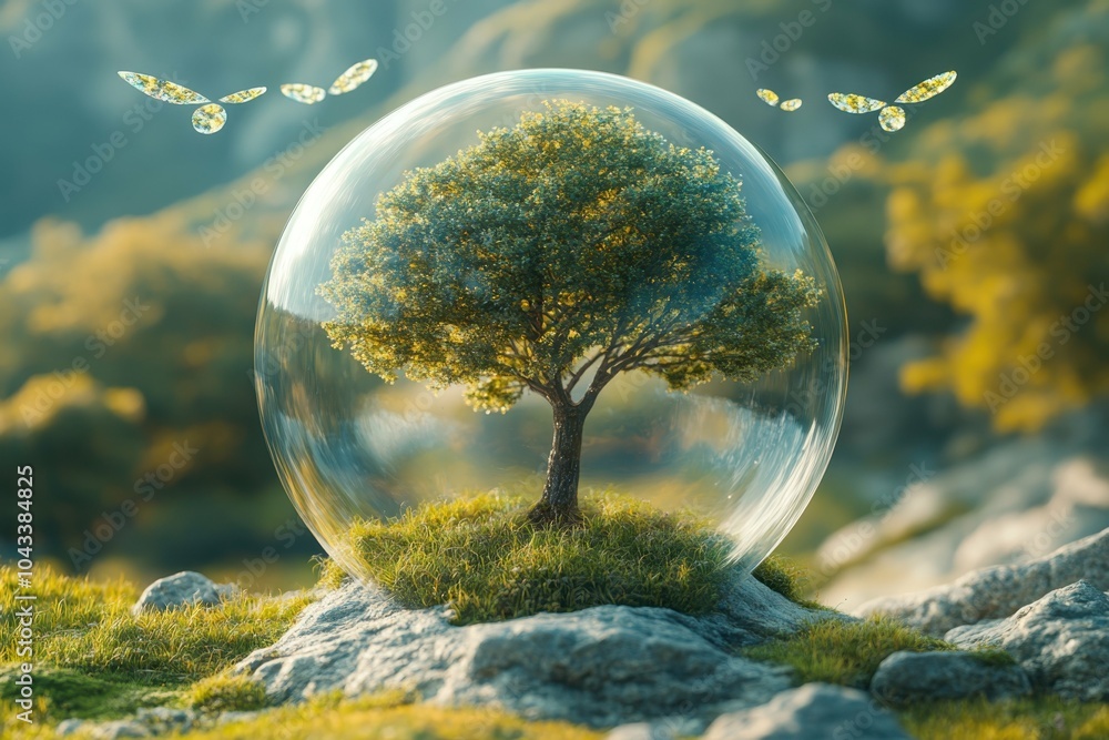 Aufkleber a solitary tree encased in a transparent bubble floating in space representing the fragility of natu