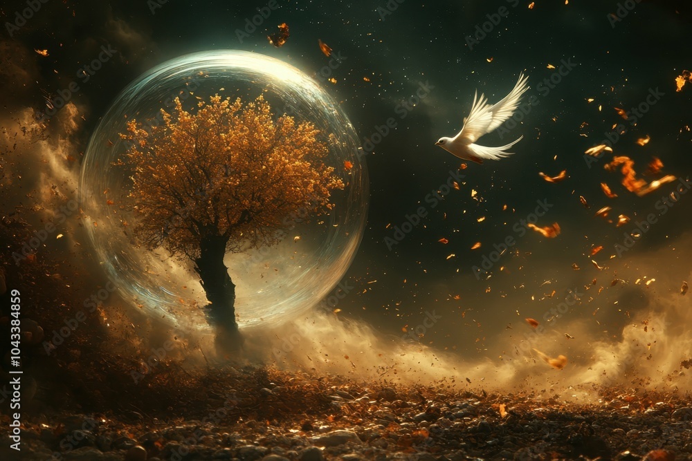 Poster a solitary tree encased in a transparent bubble floating in space representing the fragility of natu