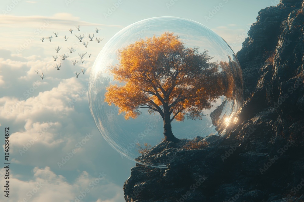 Poster a solitary tree encased in a transparent bubble floating in space representing the fragility of natu