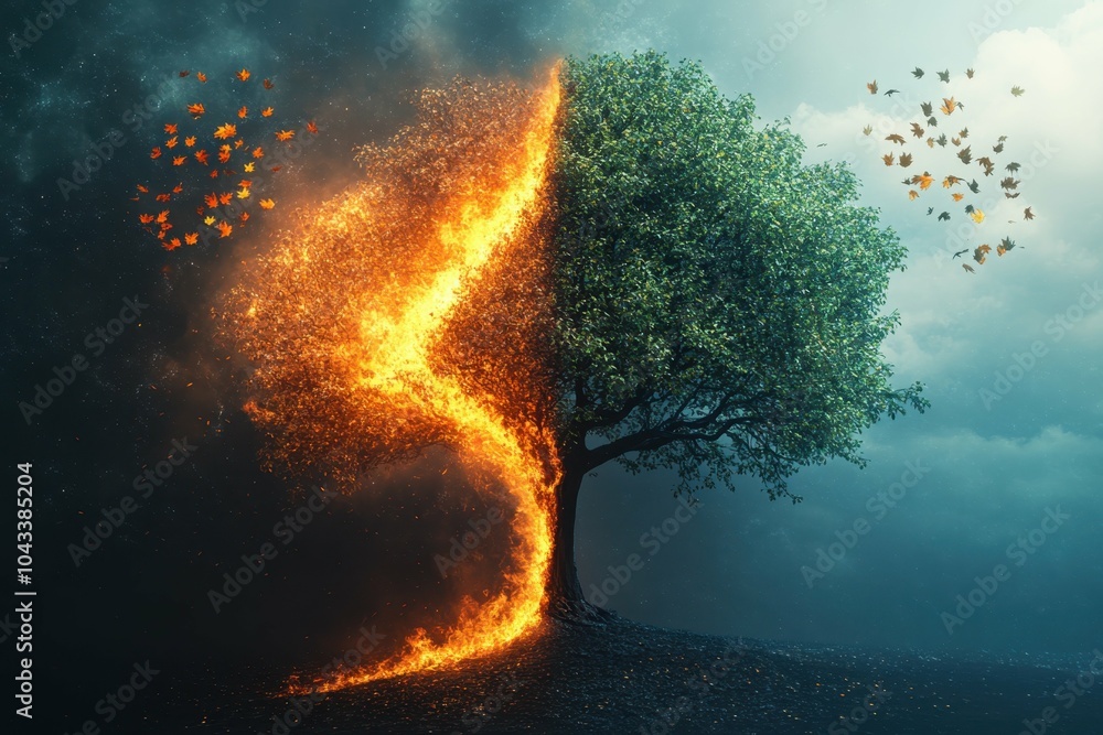 Poster a stylized image of a tree with half its leaves turning into flames symbolizing the devastation of w