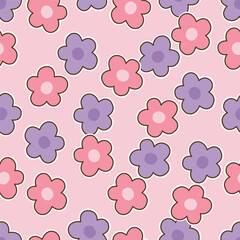 Seamless pattern flowers on pink background. Hand drawn design in cartoon style. Used for textiles, fashion prints, wallpapers, vector illustrations