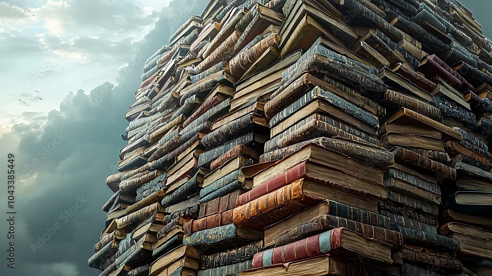 Poster The tower of old books a monument to forbidden stories and lost knowledge underneath a brooding sky