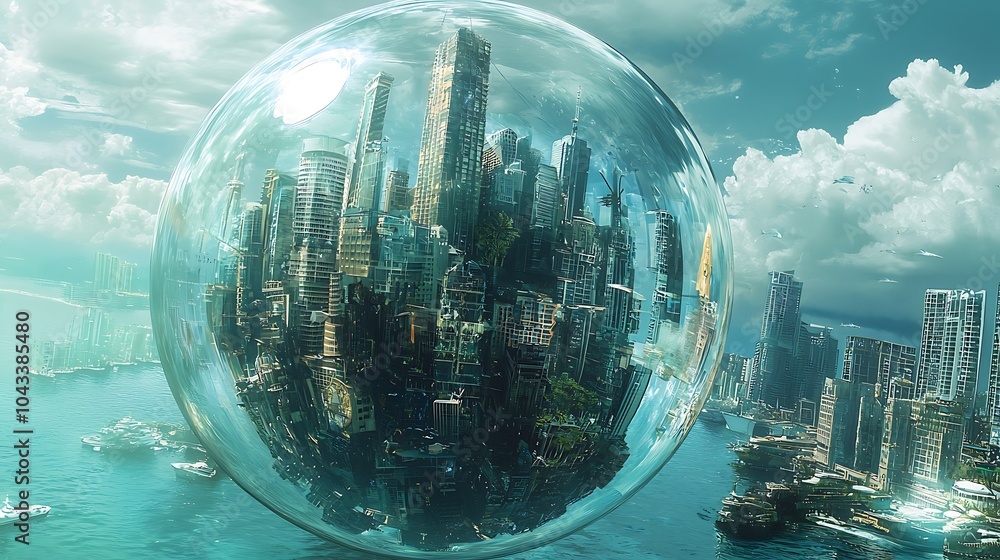 Poster exploring the mystical underwater city enclosed in a massive transparent bubble a vision of future u