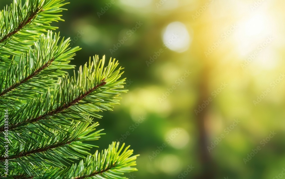 Poster close-up of vibrant green pine branch with soft sunlight filtering through a blurred forest backgrou