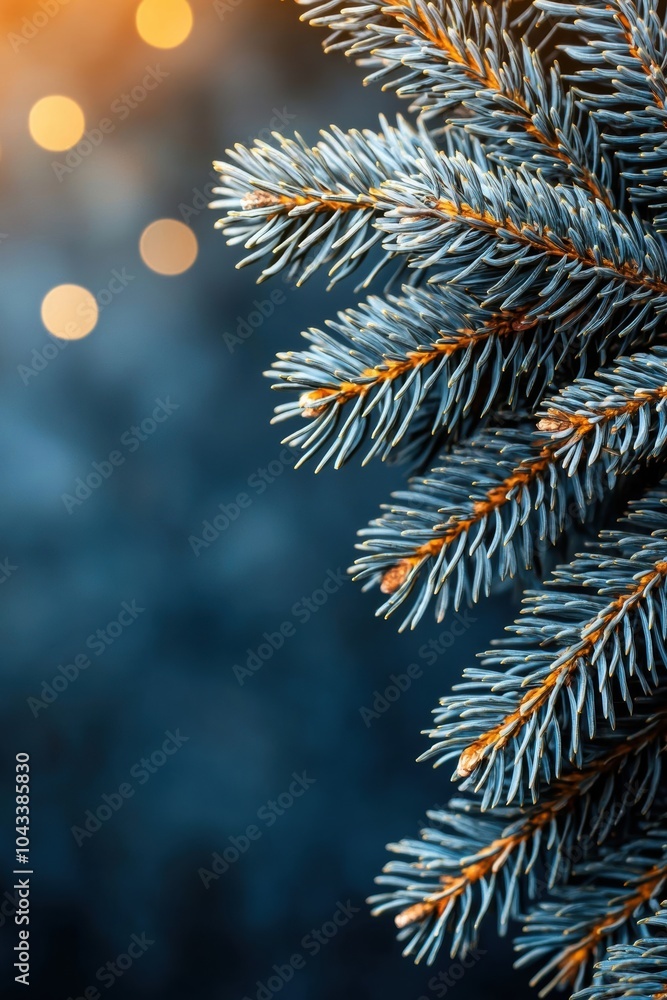 Poster close-up of evergreen pine needles illuminated by soft bokeh lights, creating a serene winter atmosp