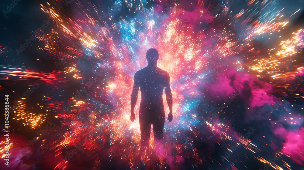 Poster a cosmic journey of self-discovery a silhouette amidst an explosive spectrum of colors and energies 