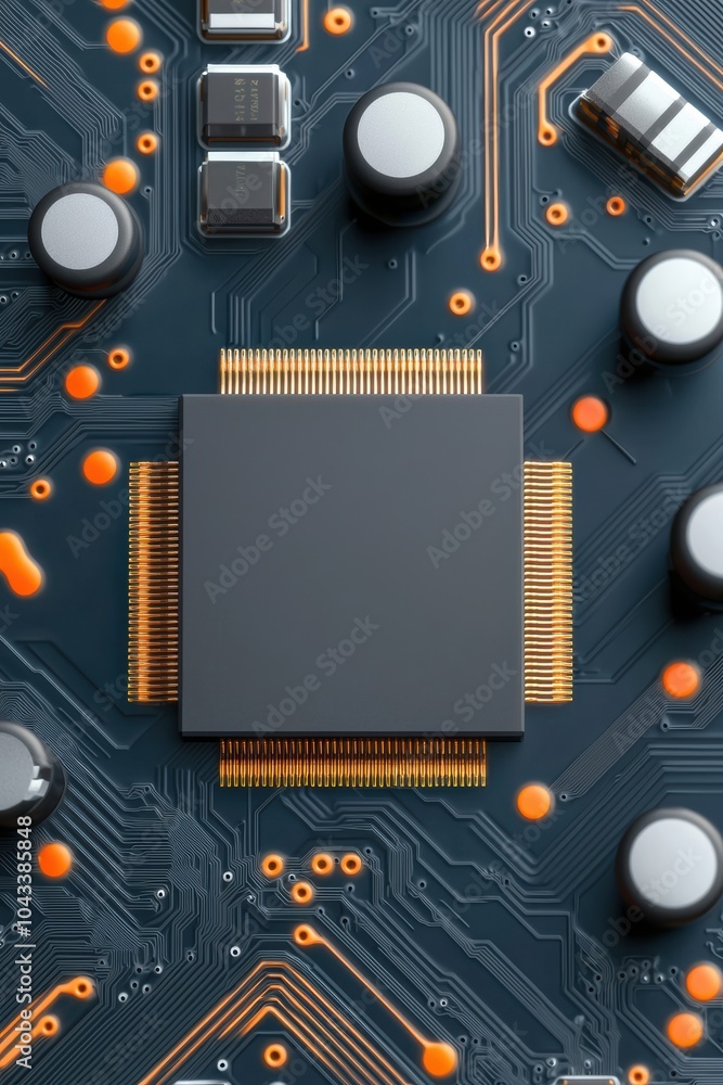 Poster close-up image of a modern microchip on a circuit board, showcasing intricate details and vibrant co