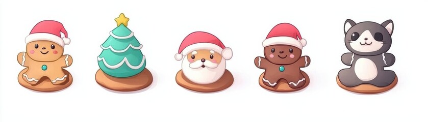 A delightful assortment of cute holiday-themed cookies featuring a gingerbread man, Christmas tree, Santa, and more, perfect for festive celebrations.