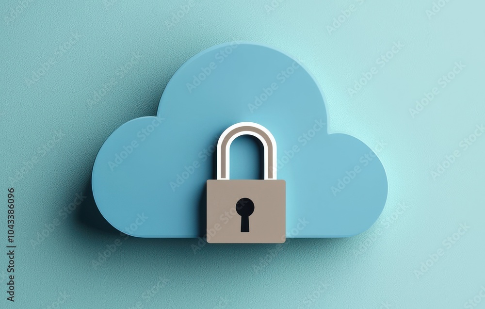 Poster abstract illustration of cloud security services, stylized cloud icon integrated with a secure padlo