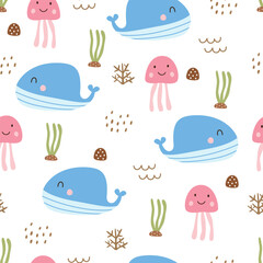 Nursery seamless cartoon patterns whale and jellyfish in the sea. hand drawn design in cartoon style design for Newborn apparel, textiles, wallpaper, vector illustration
