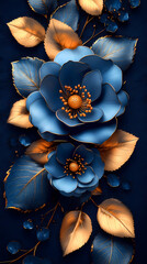 3D Vector gold on blue roses line art, elegant style flowers background.