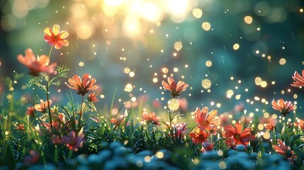 Stunning landscape of blooming flowers in summer meadow under bright sunlight showcasing beauty of nature with colorful petals and green grass.