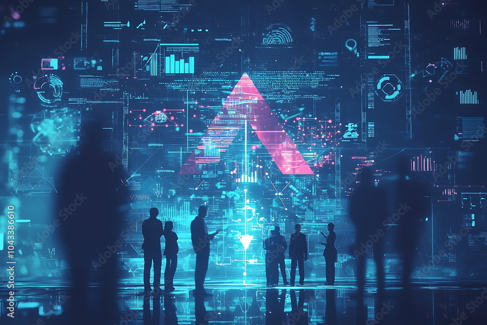 Poster Silhouetted figures engaged with a futuristic digital display exploring the intersection of human insight and tech innovation in business environments