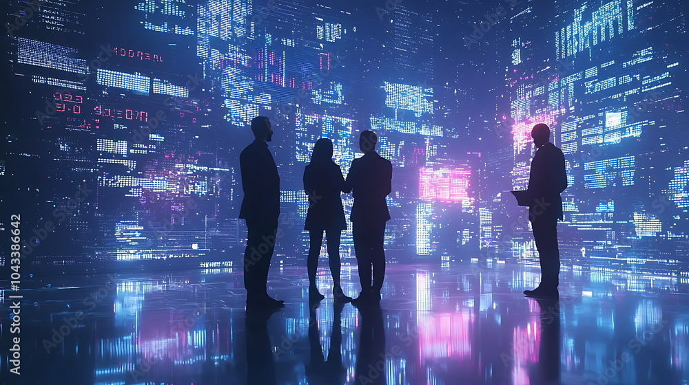 Leinwandbilder Silhouetted professionals engaged in a dynamic digital workspace surrounded by vibrant data visualizations and technology