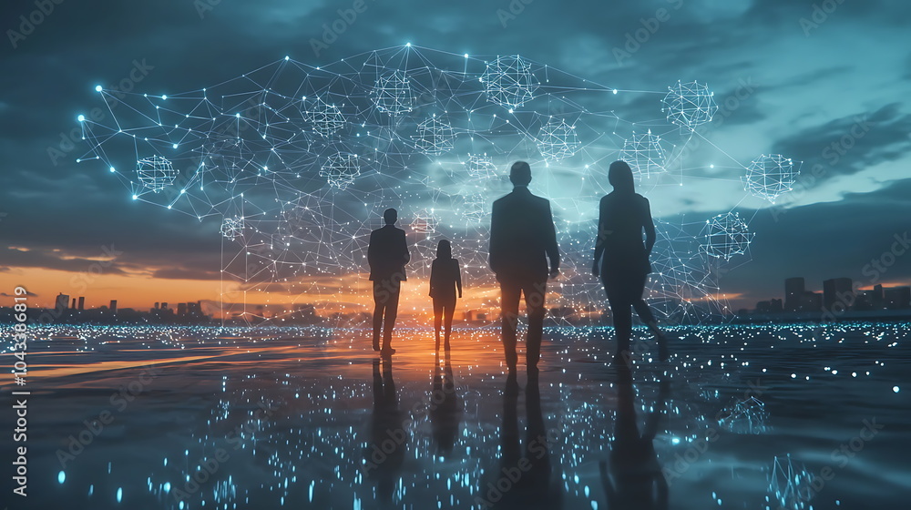 Poster Silhouettes of individuals against a digital network at sunset exploring the intersection of technology and connection in new jersey