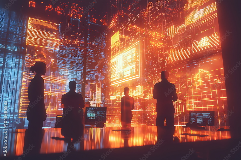 Poster Exploring the future of data analytics silhouettes of individuals engaged with advanced digital interfaces in a high-tech environment