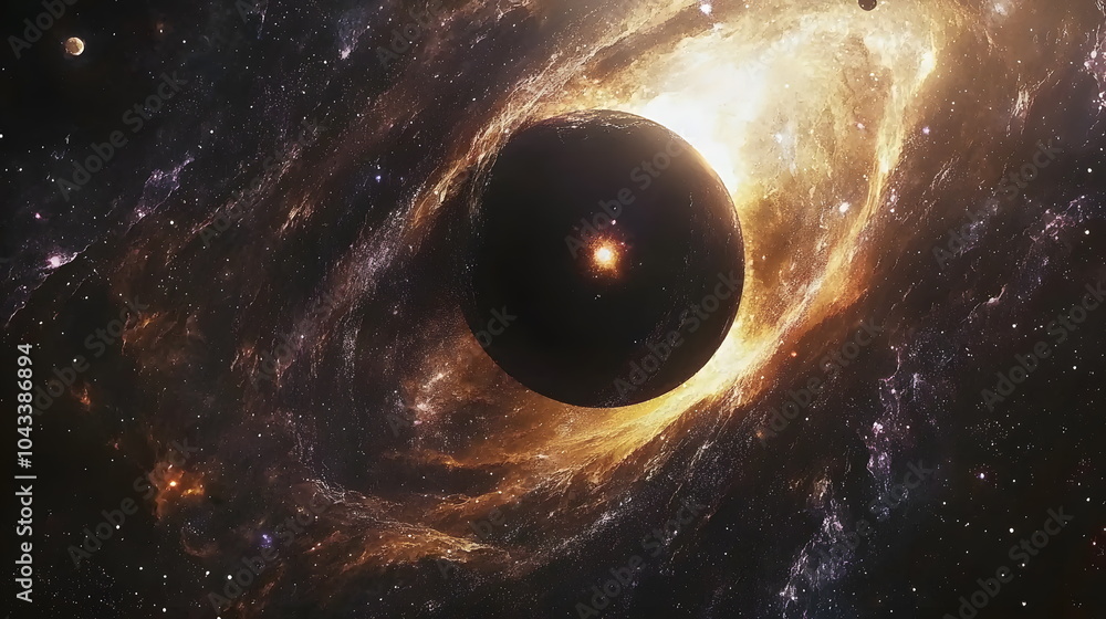 Poster exploring the enigmatic depths of a black hole surrounded by glowing cosmic elements in a vast space