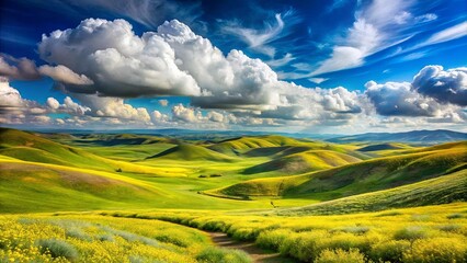 Obraz premium A winding path through a field of vibrant yellow flowers in a rolling landscape, beneath a sky adorned with puffy white clouds and a hint of blue