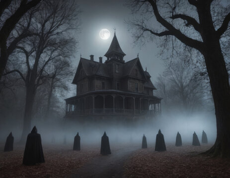 Una dimora isolata si erge tra alberi spogli e deformi, avvolta da una nebbia densa e illuminata solo dalla luce di una luna spettrale.