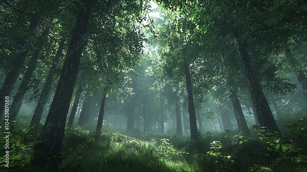 Poster enchanting sunlight filtering through a lush forest canopy creating a magical atmosphere in nature's
