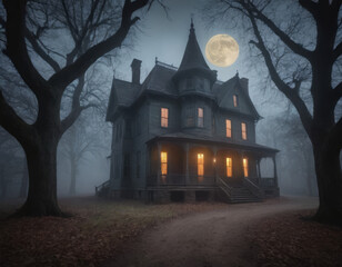 Un castello gotico si erge su una collina, illuminato solo dalla luce fredda della luna, con pipistrelli che volano nel cielo notturno.