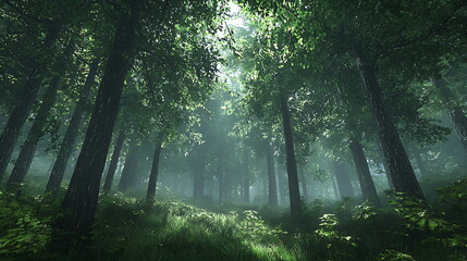 Obraz premium Enchanting sunlight filtering through a lush forest canopy creating a magical atmosphere in nature's embrace