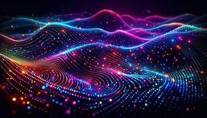 Dynamic Digital Landscape: Wave-Like Surface of Multicolored Dots Representing Machine Learning, Neural Networks, and Data Flow in a Futuristic Visualization of AI and Big Data Processing
